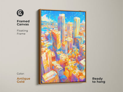 Framed canvas showcasing a colorful cityscape with a floating frame in antique gold color. This ready-to-hang artwork enhances any room. The modern urban art provides a stylish contemporary touch. It is a perfect addition to your wall art collection.