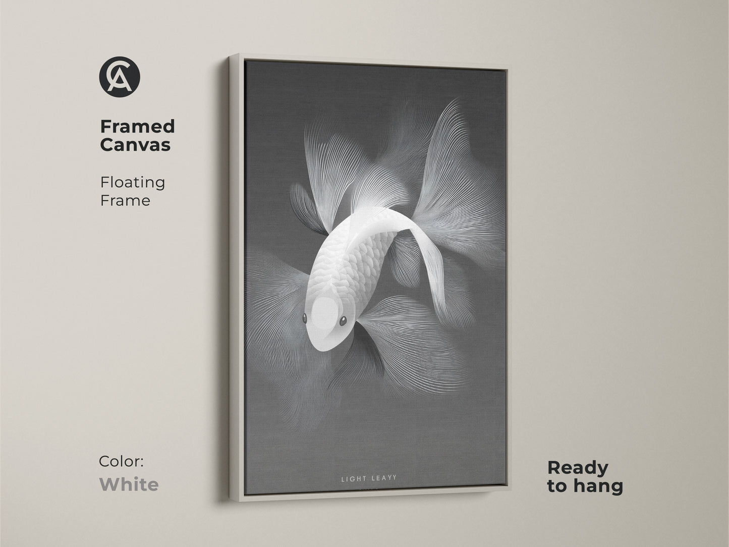 Monochrome fish artwork in a framed canvas. The floating frame is white and complements the art. The canvas is ready to hang. It's a versatile piece for various interior styles. Discover framed canvas prints for stylish home accents.