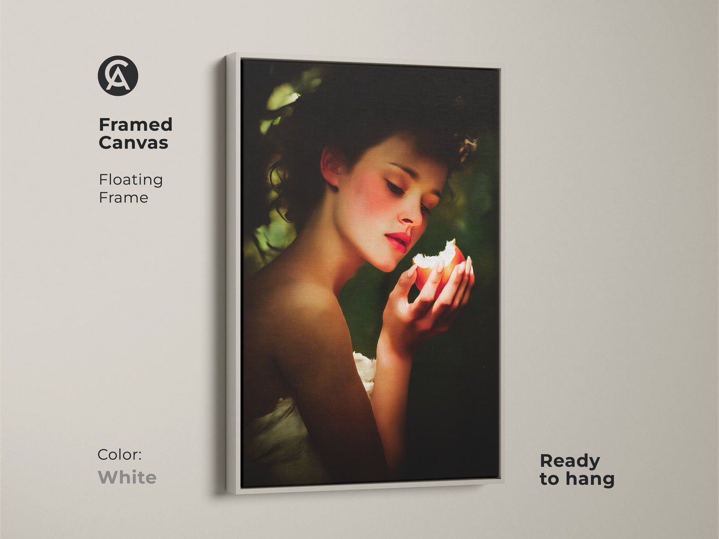 White framed canvas presents Renaissance woman portrait art. The artwork shows the woman with peach and green apple. Classic still life wall art is perfect as eclectic bedroom decor. An excellent gift for art lovers anniversary. This fine art print is ready to hang.