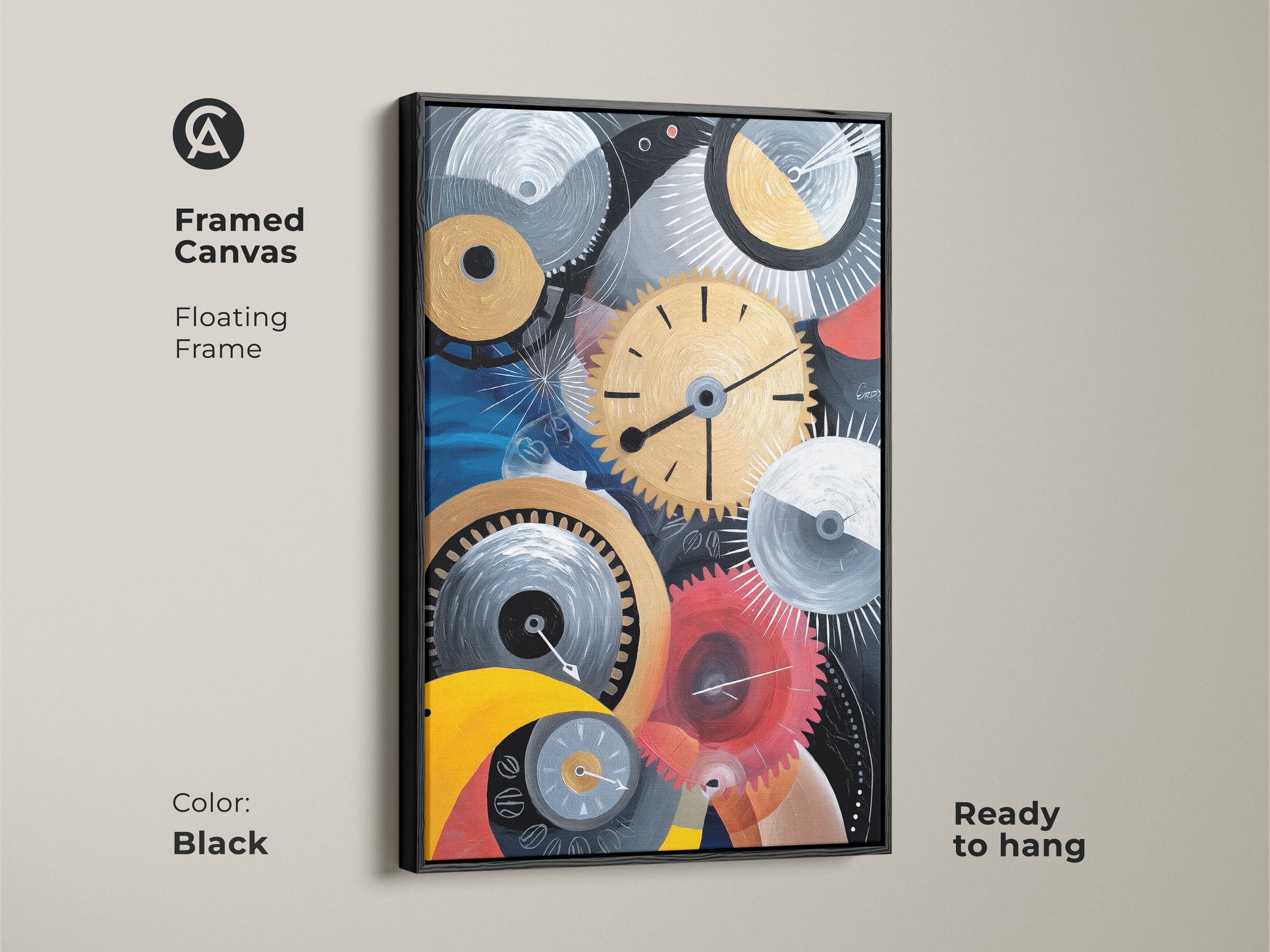 Framed canvas with a black floating frame showing abstract mechanical artwork. The gold and blue clock gears add a steampunk touch. It's ready to hang offering modern office or home decor.