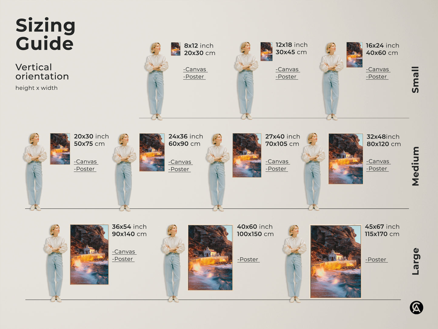 Sizing guide shows various vertical orientations of the coastal chapel photograph. Visualize how each size fits with a person to showcase different scales for wall art. Warm earth tones and teal accents enhance any space with this travel souvenir wall decor.