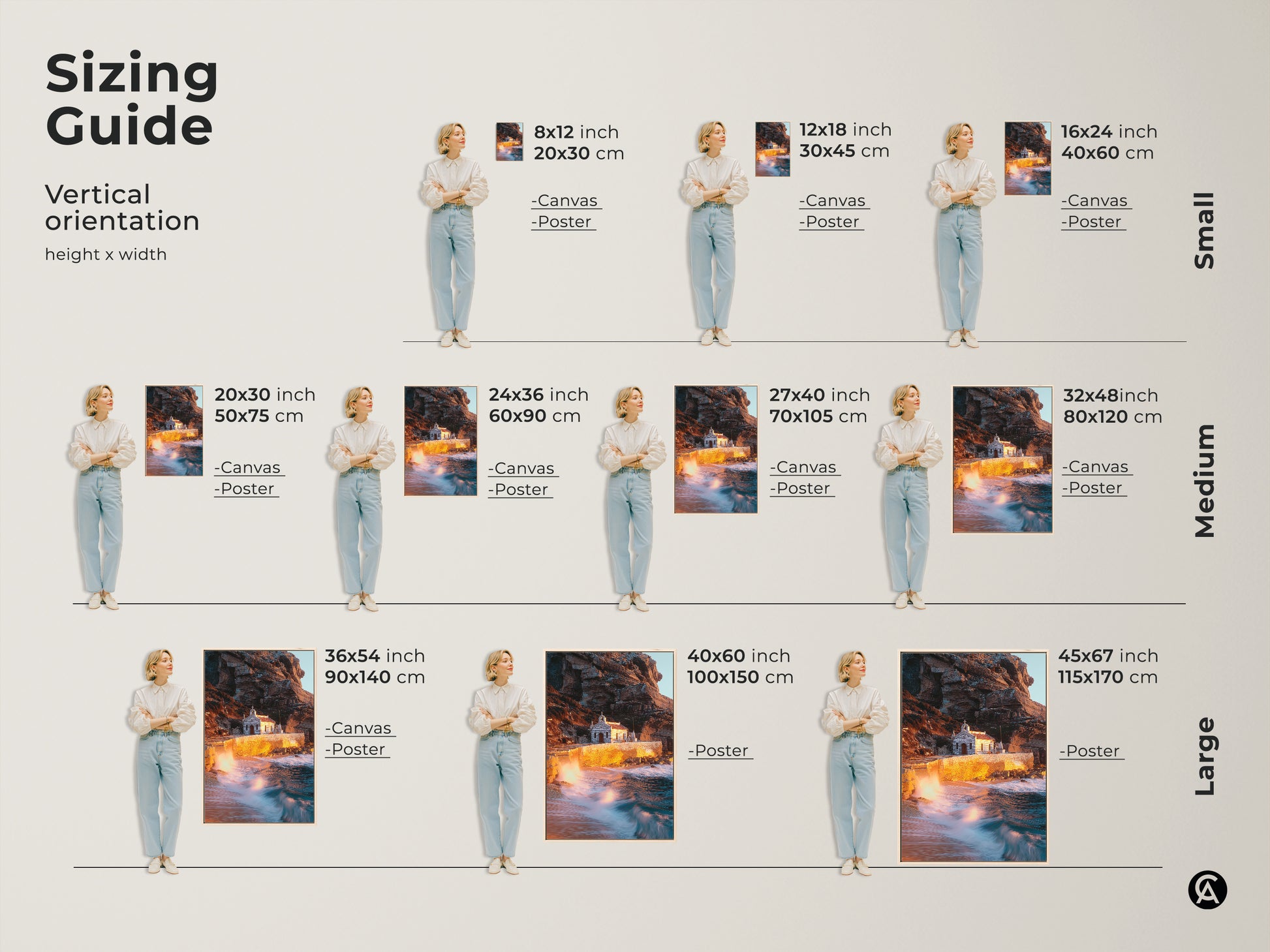 Sizing guide shows various vertical orientations of the coastal chapel photograph. Visualize how each size fits with a person to showcase different scales for wall art. Warm earth tones and teal accents enhance any space with this travel souvenir wall decor.