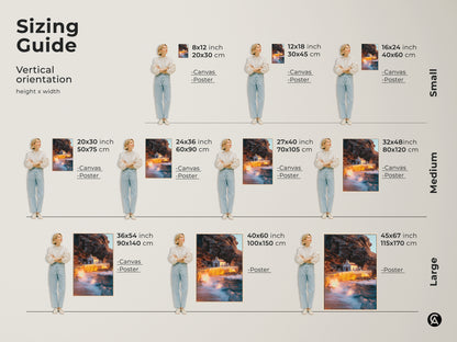 Sizing guide shows various vertical orientations of the coastal chapel photograph. Visualize how each size fits with a person to showcase different scales for wall art. Warm earth tones and teal accents enhance any space with this travel souvenir wall decor.