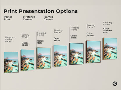 Explore print presentation options including poster stretched and framed canvas. Coastal ocean artwork displays a tropical beach scene. Aqua blue landscape with seaside hut & boats. Choose the perfect style to bring coastal serenity to your space. Ideal for travel lovers.