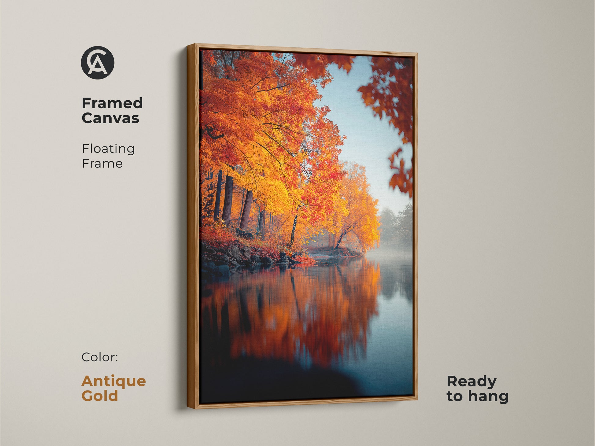 Elevate your space with this framed autumn artwork. The antique gold floating frame complements the vibrant landscape. Golden leaves reflect in the serene water. Ready to hang this piece brings a touch of vintage elegance and seasonal beauty to any room. A timeless addition to your decor.