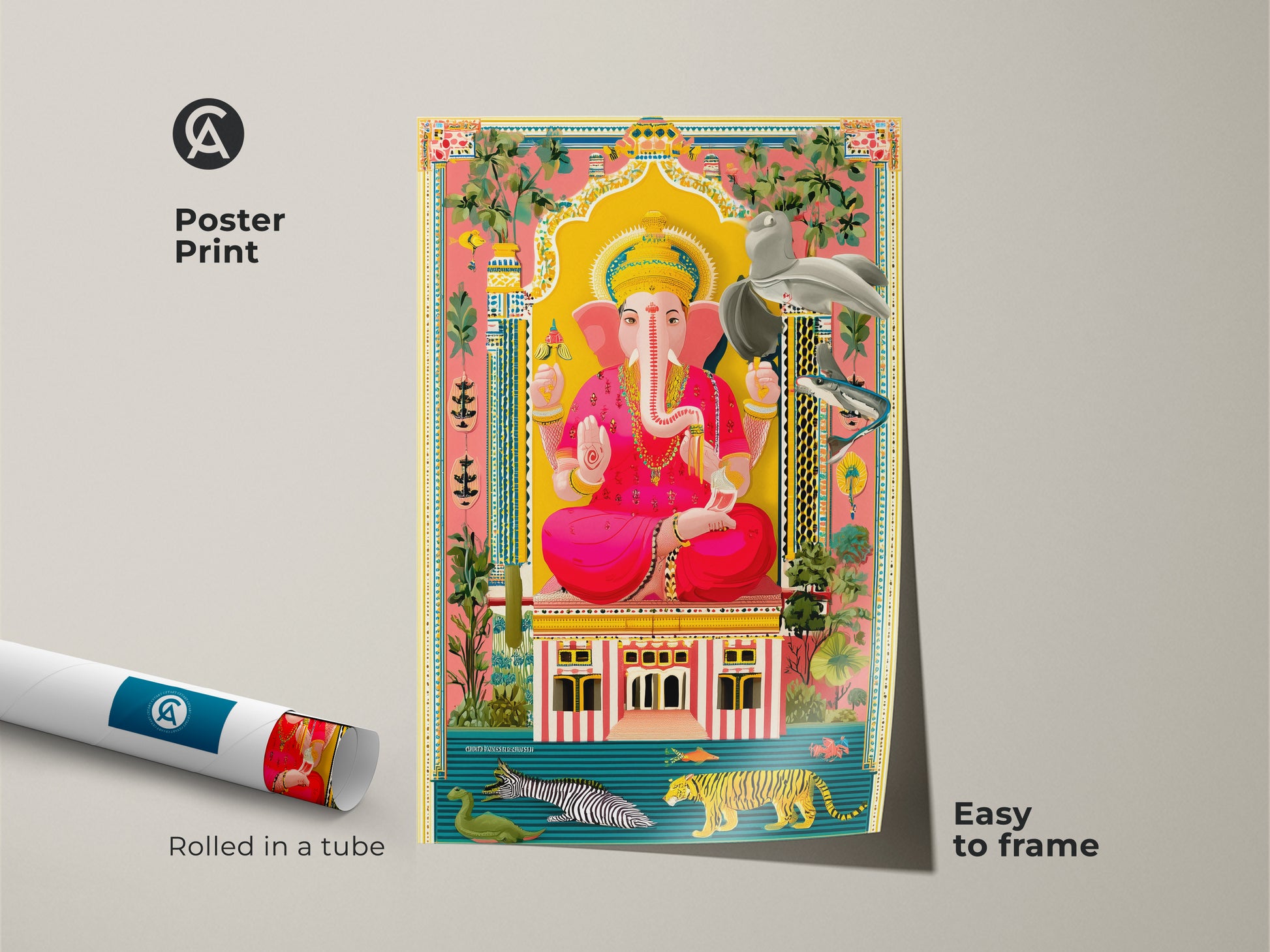 This poster print features Ganesha folk artwork. It is rolled in a tube for easy framing. The vibrant animal art print incorporates a tiger and bird motif. Ideal for a meditation room it adds a bright colored spiritual touch. It is a unique religious wall art decor.