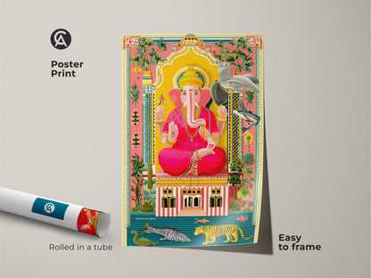 This poster print features Ganesha folk artwork. It is rolled in a tube for easy framing. The vibrant animal art print incorporates a tiger and bird motif. Ideal for a meditation room it adds a bright colored spiritual touch. It is a unique religious wall art decor.