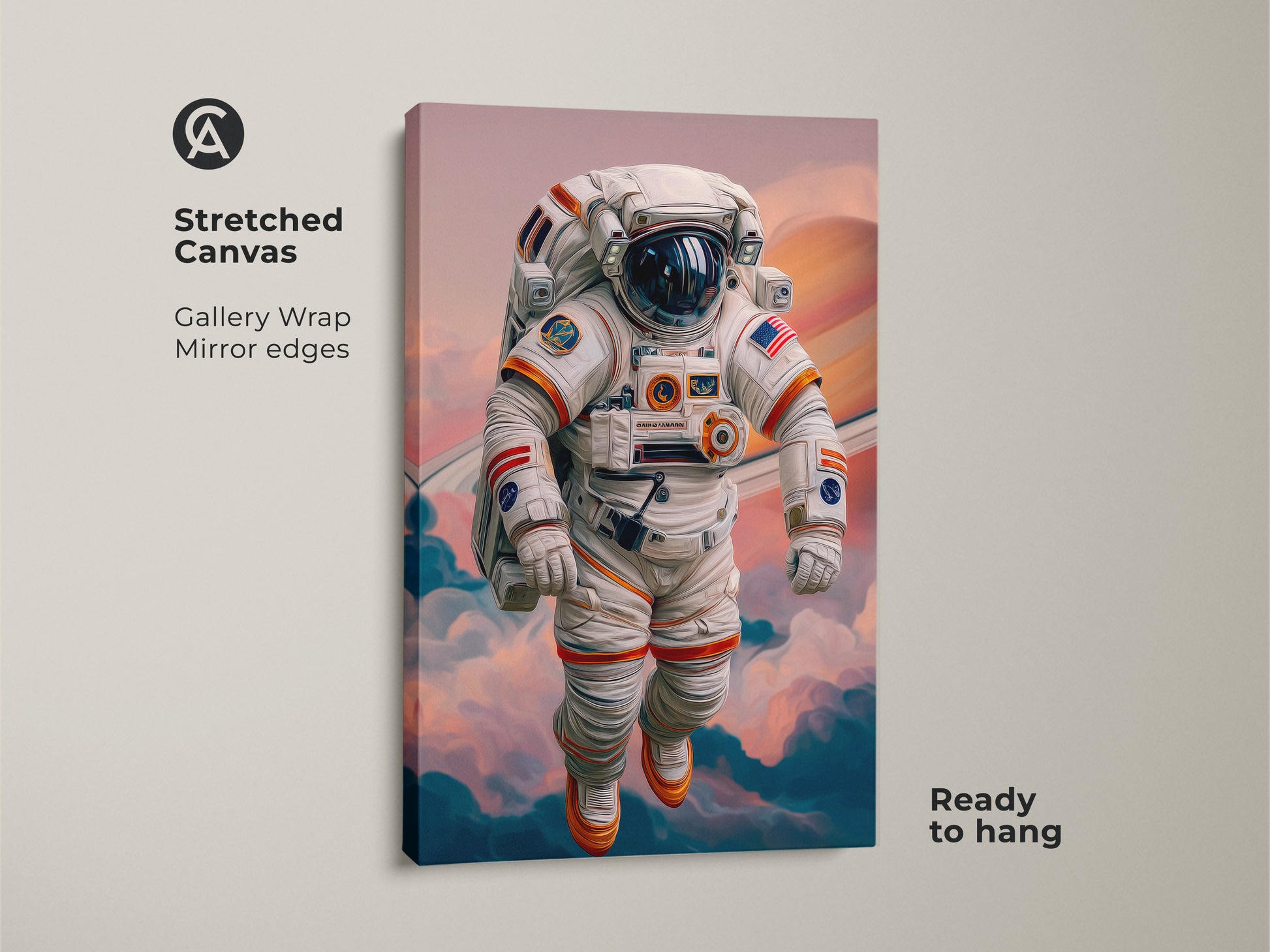 Elevate your decor with Sci-Fi Astronaut Canvas Wall Art. The astronaut floats in space with Saturn rings. This modern digital painting with white and orange hues brings cosmic beauty. Ready to hang in stretched canvas format with mirrored edges. Ideal for space enthusiasts.
