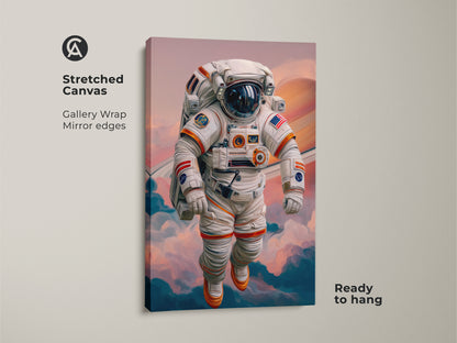 Elevate your decor with Sci-Fi Astronaut Canvas Wall Art. The astronaut floats in space with Saturn rings. This modern digital painting with white and orange hues brings cosmic beauty. Ready to hang in stretched canvas format with mirrored edges. Ideal for space enthusiasts.