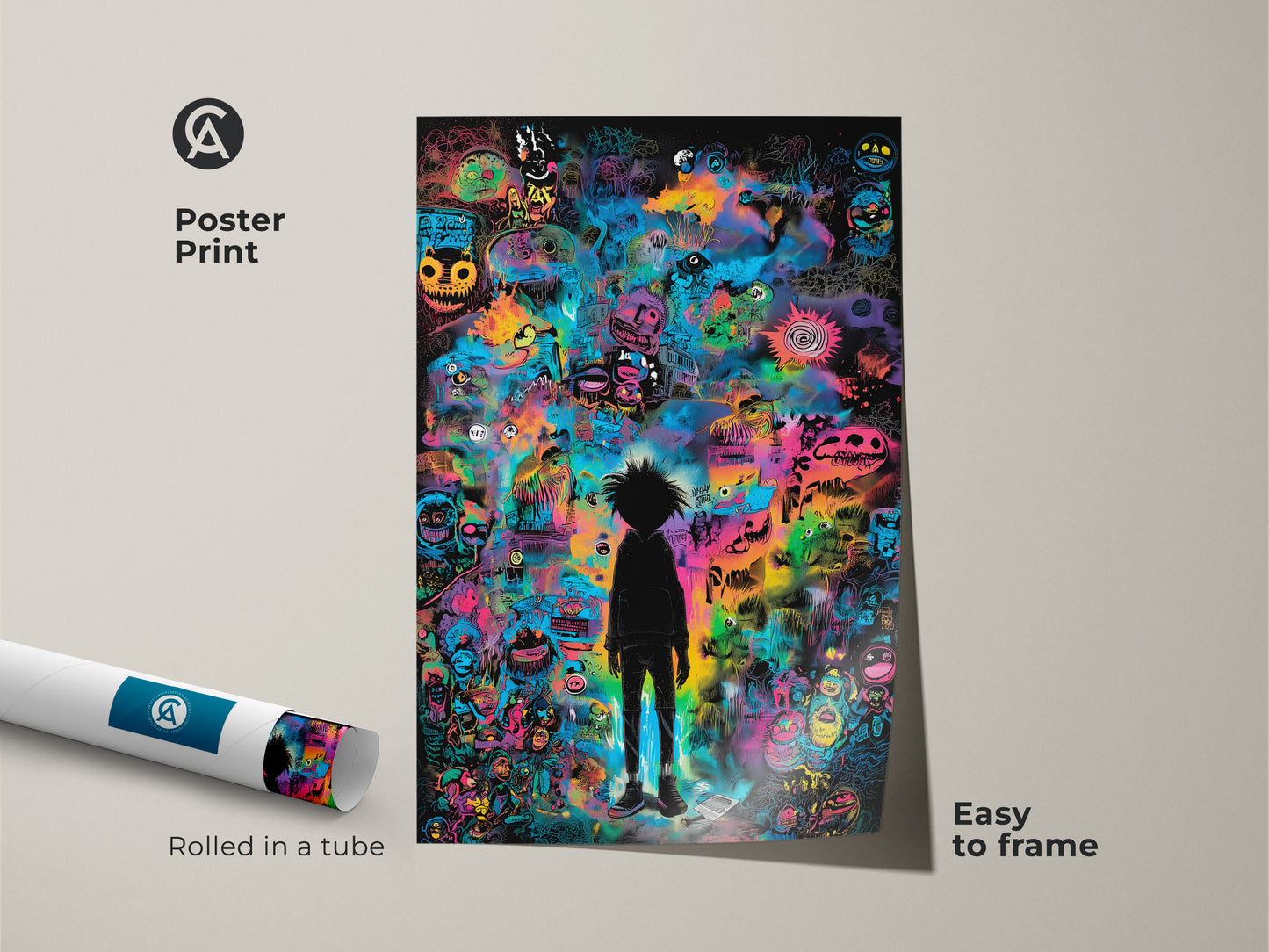 Poster print showcasing a vibrant graffiti-style artwork. The print features a black silhouette figure surrounded by colorful monsters and symbols. It is an easy-to-frame piece that is rolled in a tube for protection. Add a pop of color to your home decor with this unique artwork.