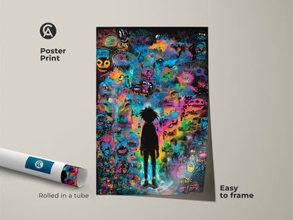 Poster print showcasing a vibrant graffiti-style artwork. The print features a black silhouette figure surrounded by colorful monsters and symbols. It is an easy-to-frame piece that is rolled in a tube for protection. Add a pop of color to your home decor with this unique artwork.