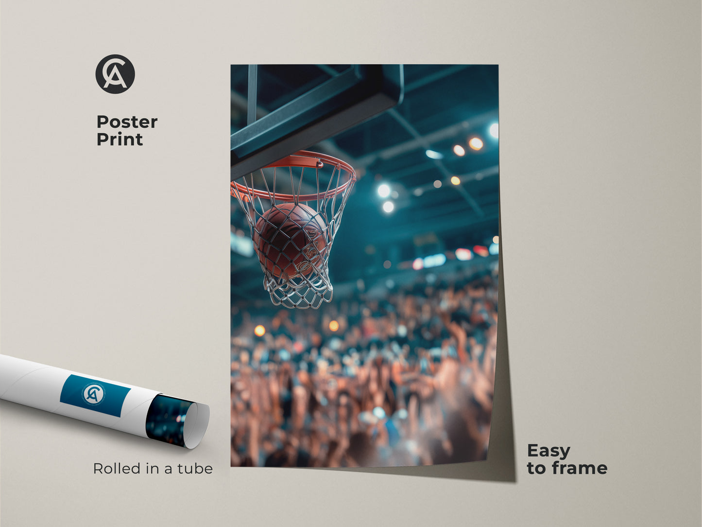 Poster print of a basketball going through the net. This sports art is easy to frame and adds a dynamic touch to any space. Rolled in a tube for protection. A great option for basketball art lovers.