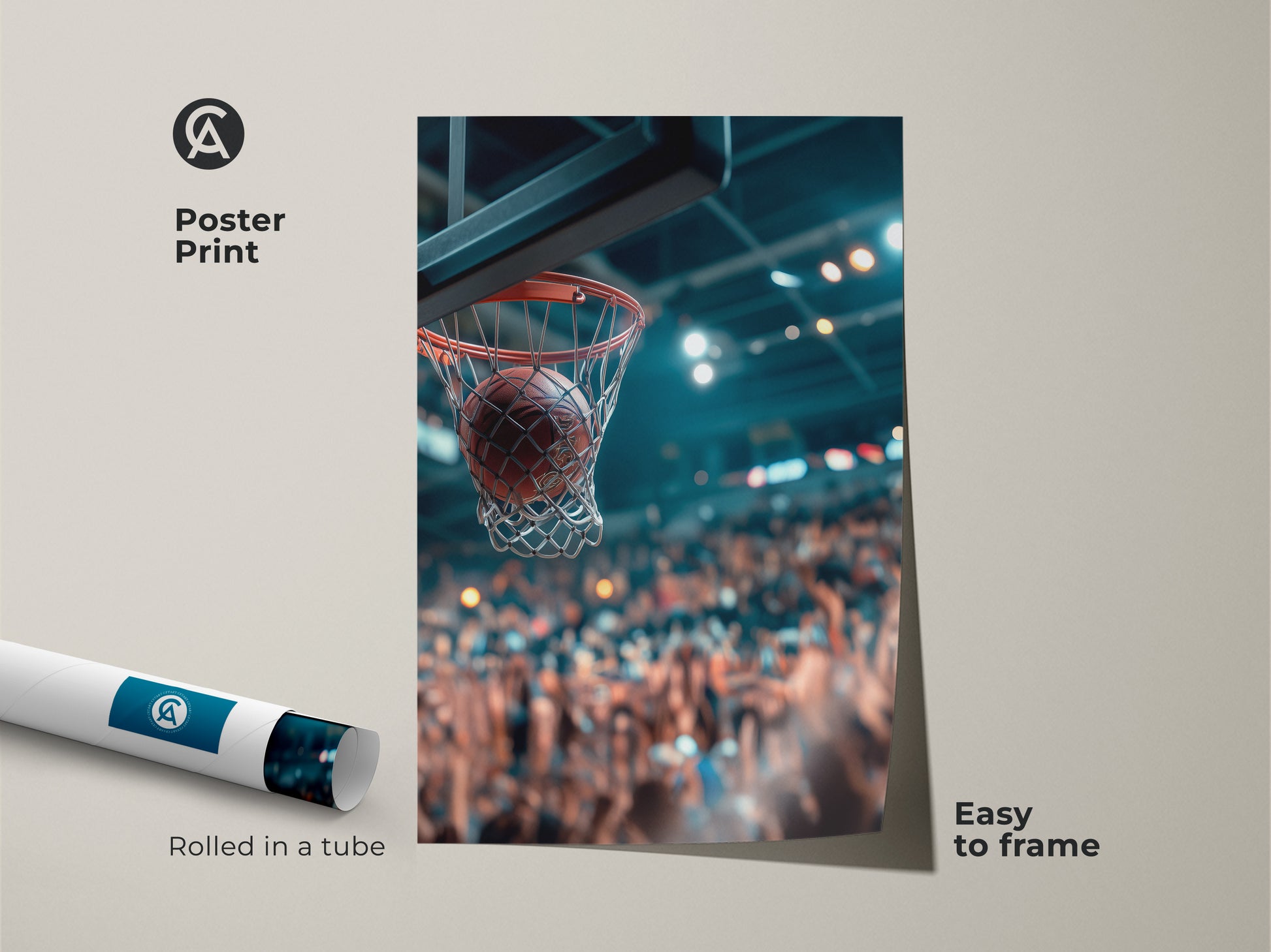 Poster print of a basketball going through the net. This sports art is easy to frame and adds a dynamic touch to any space. Rolled in a tube for protection. A great option for basketball art lovers.