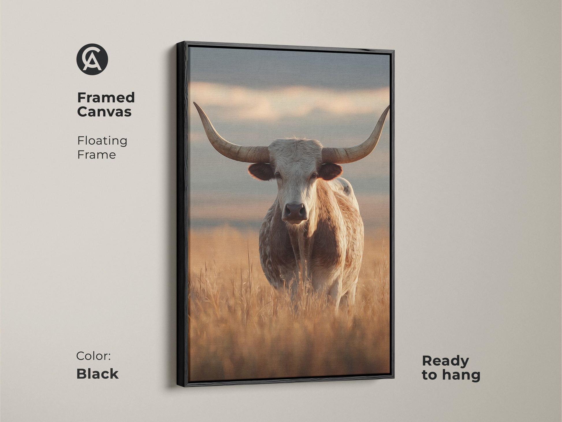 Framed canvas of a photorealistic longhorn cattle in a Tuscan landscape. The black floating frame enhances this rustic farmhouse artwork. Ready to hang wildlife art perfect for a housewarming gift idea.