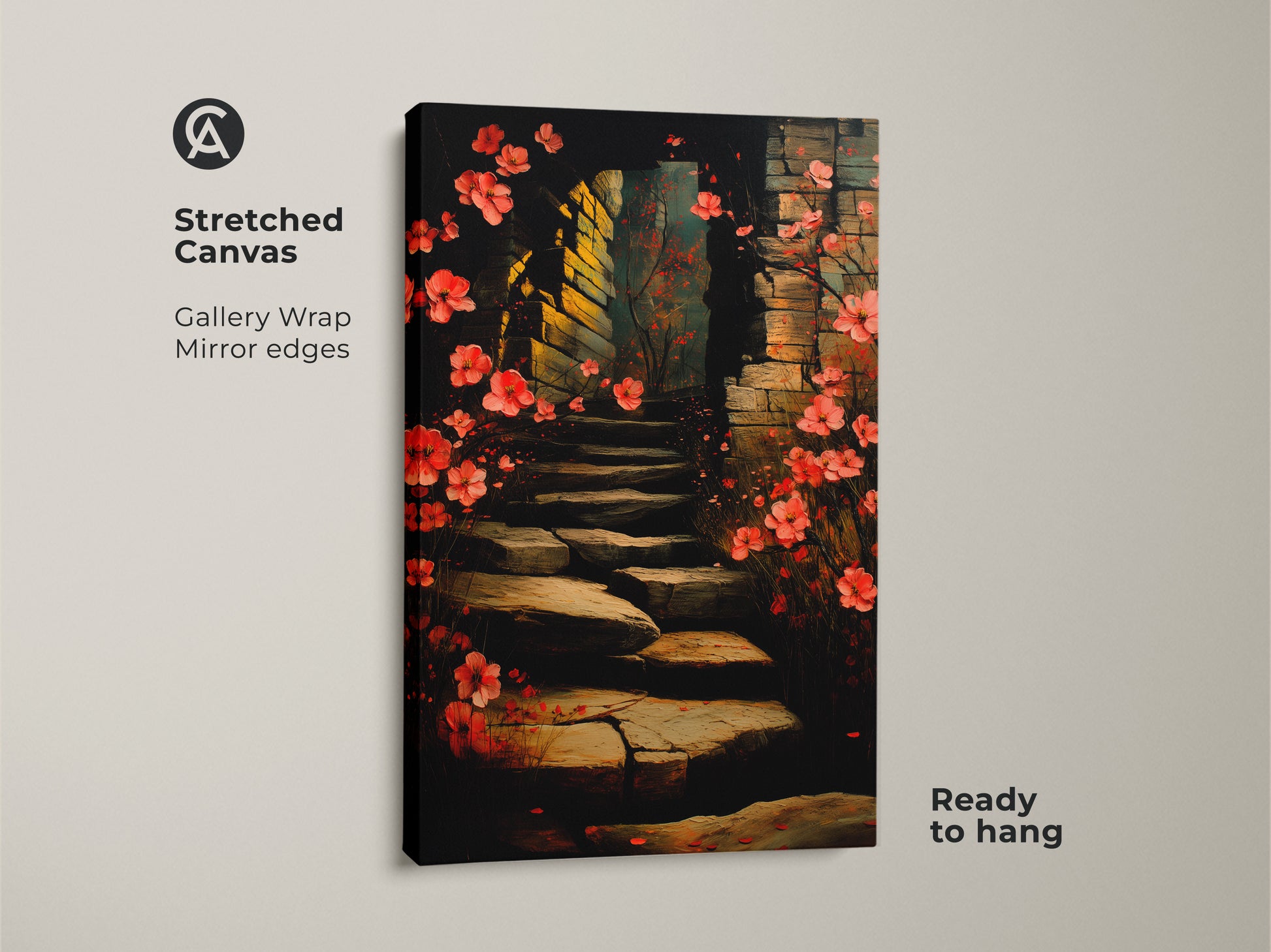 Stretched canvas gallery wrap of a floral stairway art print. Red and pink blossoms adorn a stone archway. The mirror edges add a refined touch making it ready to hang. This botanical art is perfect for boho home decor a romantic and artistic addition.