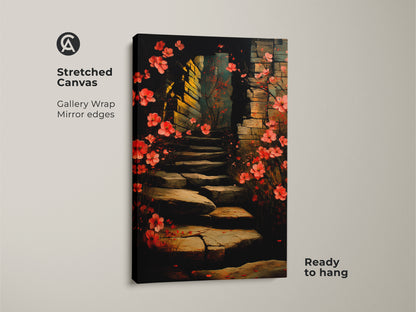 Stretched canvas gallery wrap of a floral stairway art print. Red and pink blossoms adorn a stone archway. The mirror edges add a refined touch making it ready to hang. This botanical art is perfect for boho home decor a romantic and artistic addition.