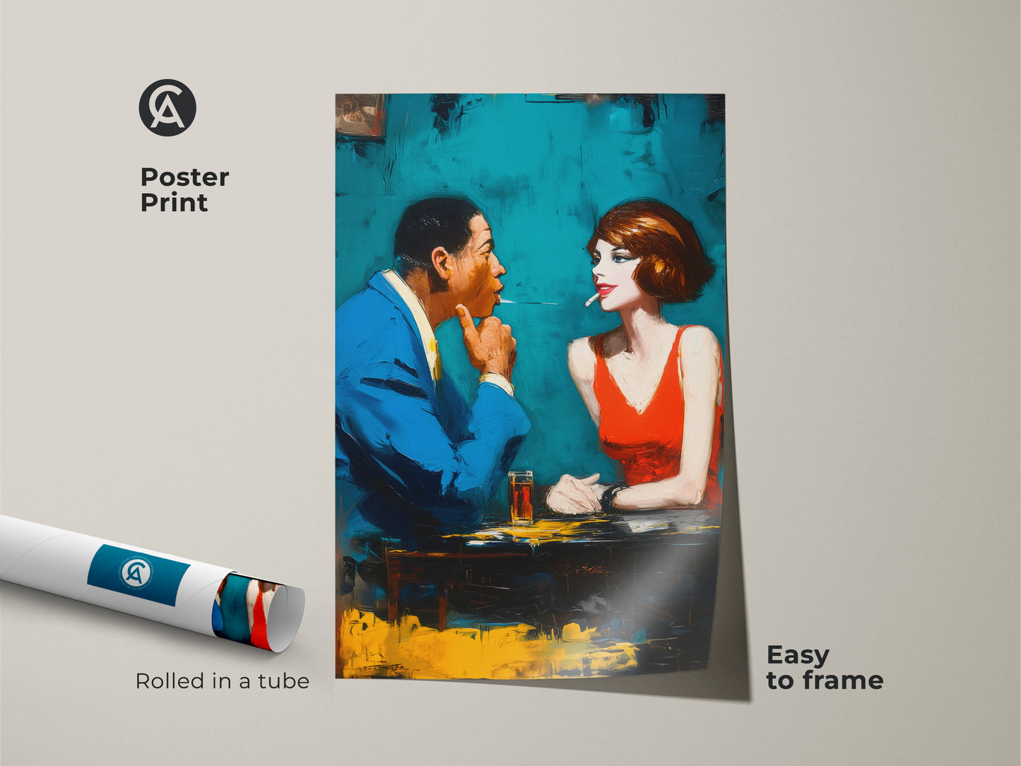 This poster print arrives rolled in a tube. It is easy to frame and display. The artwork showcases a stylish man and woman. They are sharing a cigarette. The vibrant colors and expressive style make it a standout piece. Add this sophisticated art to your collection today. Enjoy the convenience and beauty.