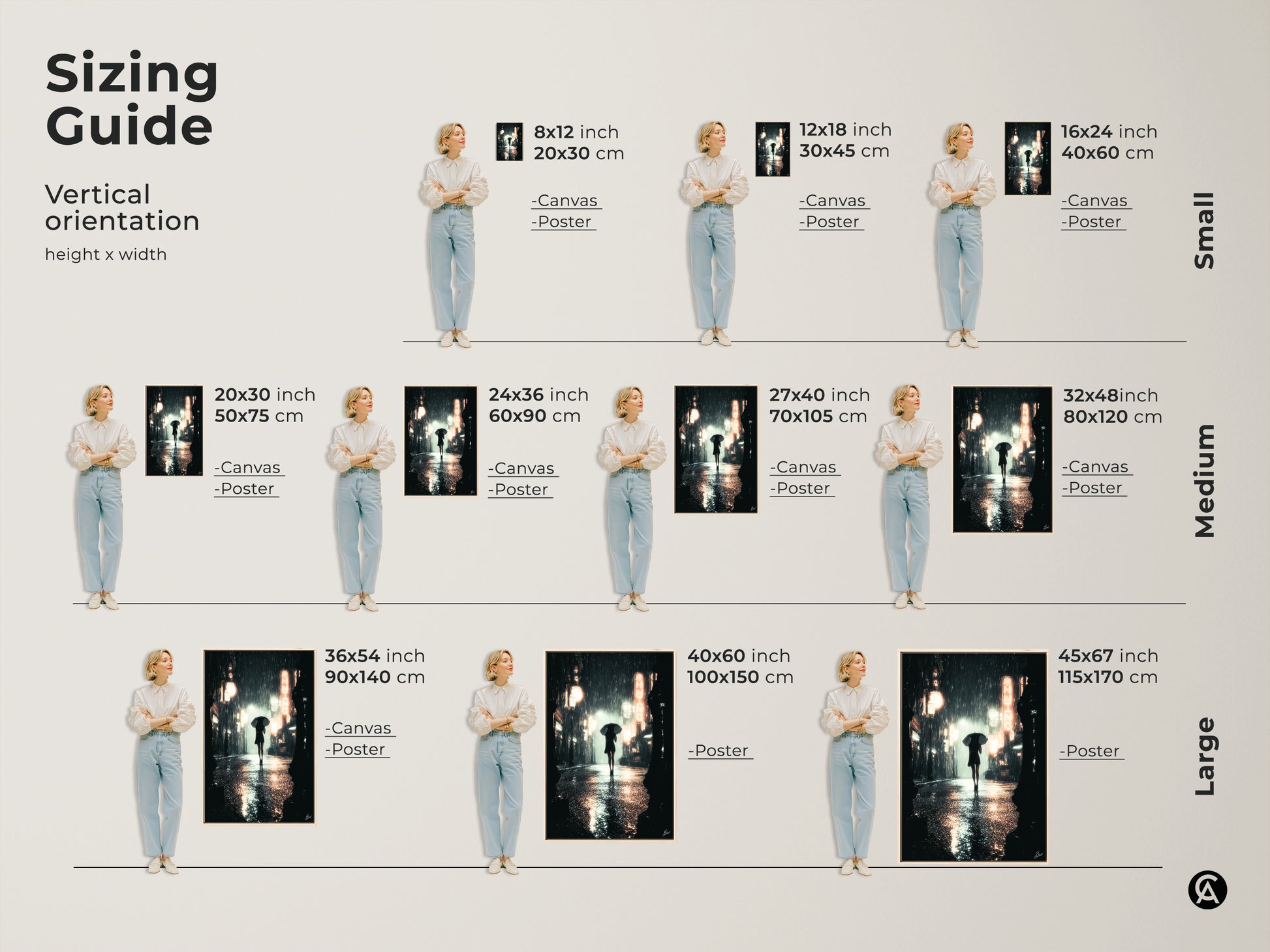 Sizing guide for vertical urban nightscape canvas prints. Sizes range from 8x12 to 45x67 inches. Visualize how the rainy city street artwork fits in your space. Perfect for adding neon lights wall decor to any room.