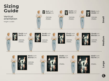 Sizing guide for vertical urban nightscape canvas prints. Sizes range from 8x12 to 45x67 inches. Visualize how the rainy city street artwork fits in your space. Perfect for adding neon lights wall decor to any room.