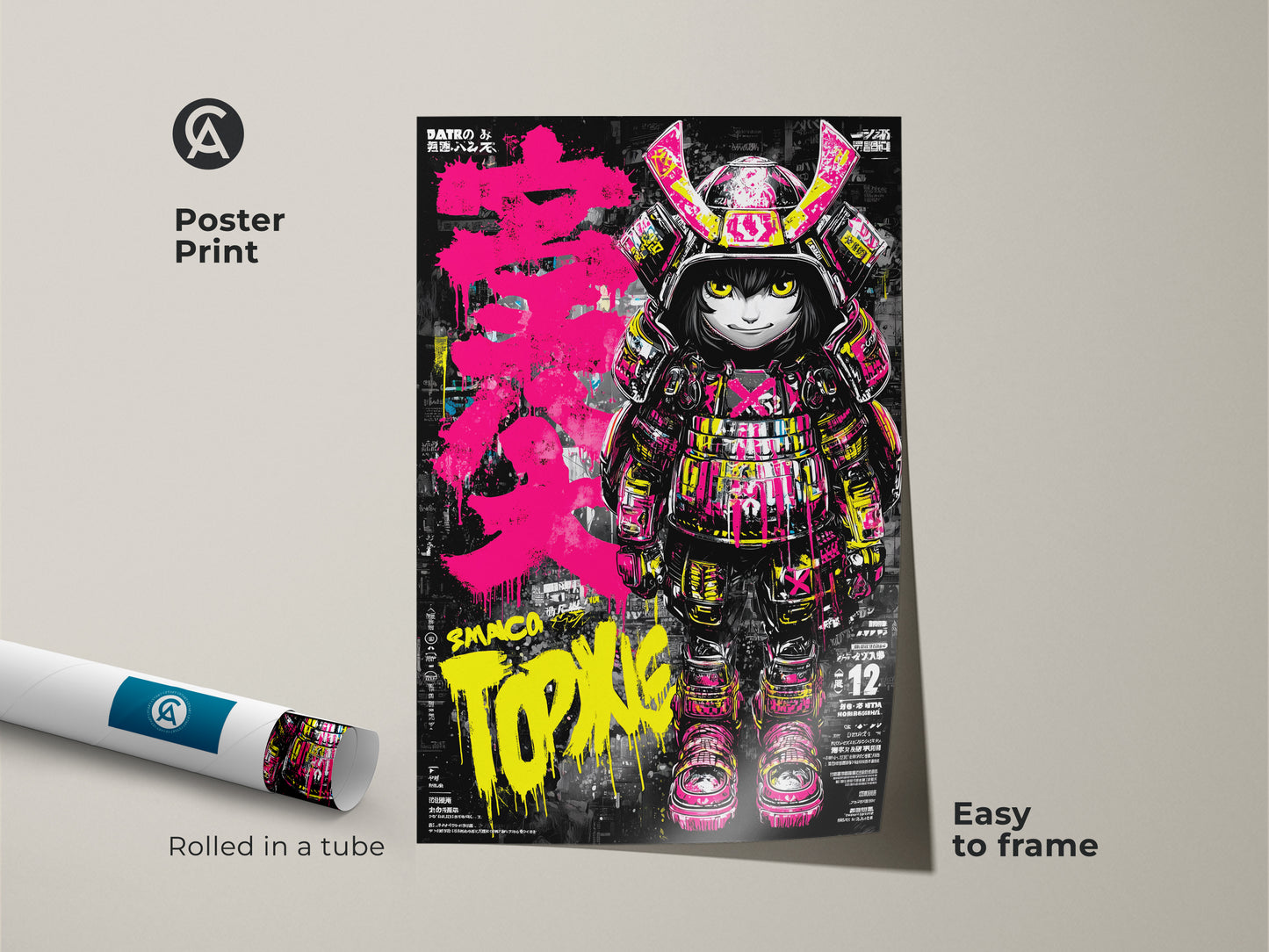 A Smaco Topix samurai poster print is rolled and ready to frame. This artwork features a bold character in samurai gear with neon accents. Easy to frame this poster brings a pop of color and urban style to your walls.
