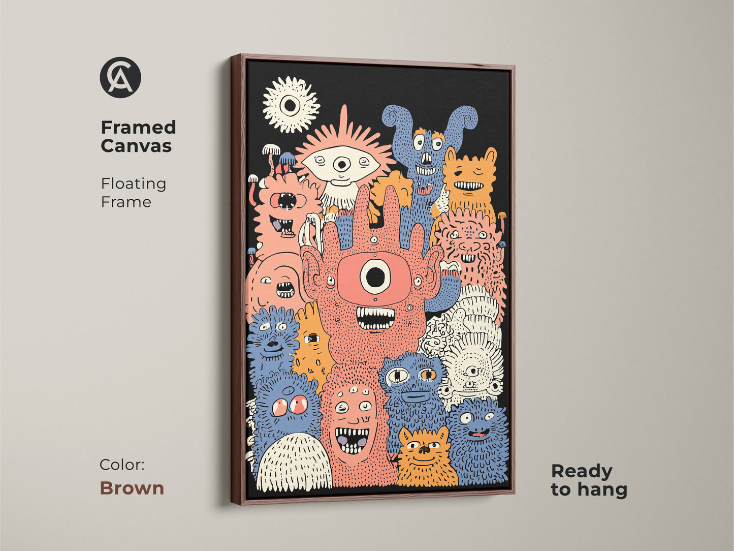 Framed kids wall art print with a brown floating frame. The monster characters artwork adds a playful touch to any room. This framed canvas is ready to hang and is perfect for kids room wall art. It features colorful cartoon doodles.