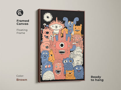 Framed kids wall art print with a brown floating frame. The monster characters artwork adds a playful touch to any room. This framed canvas is ready to hang and is perfect for kids room wall art. It features colorful cartoon doodles.