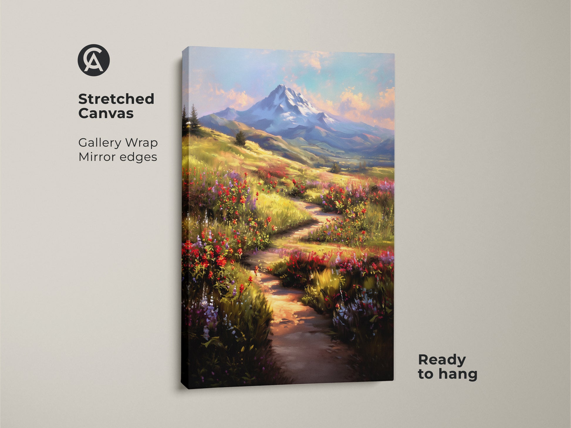 Stretched canvas art featuring an impressionistic mountain landscape with a wildflower meadow. Gallery wrap with mirror edges ensures a museum-quality look. This blue yellow and green nature artwork is ready to hang. A perfect scenic mountain view print for your bedroom or living room wall decor.