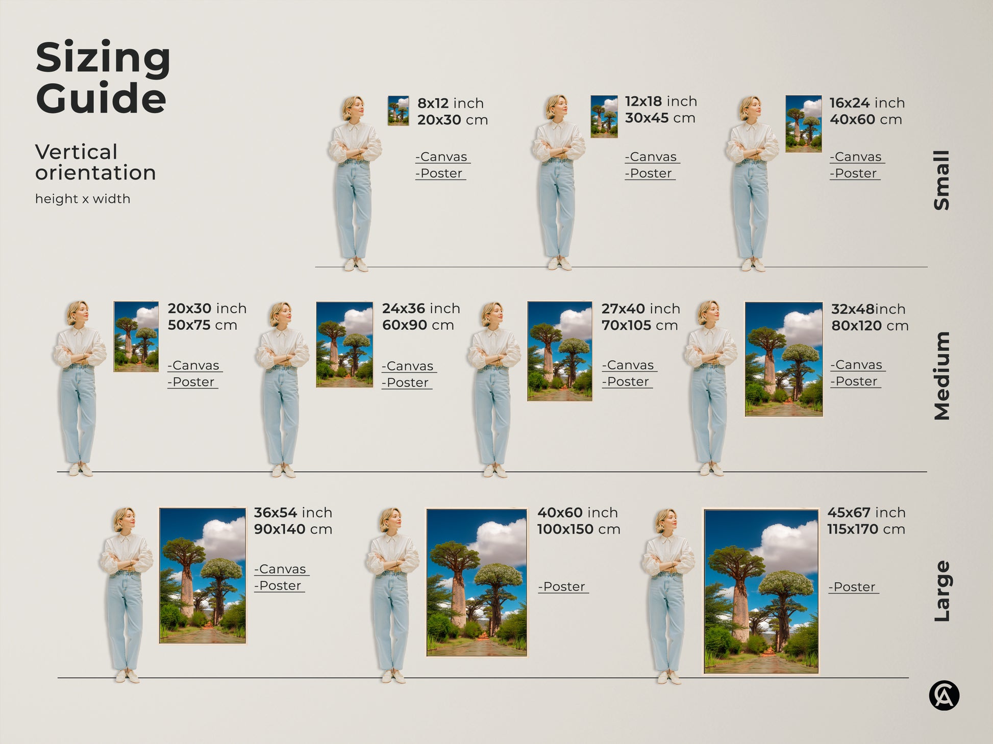Sizing guide for realistic baobab trees canvas and poster prints. Vertical orientation with height and width dimensions in inches and centimeters. Small medium and large sizes available. Find the perfect fit for your boho home decor. Bring African nature landscape into your residential wall decor.