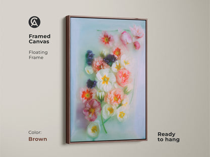 Brown framed canvas featuring nature botanical artwork. This piece adds pastel color wall decor to any space. Ready to hang and ideal for Scandi floral print lovers.