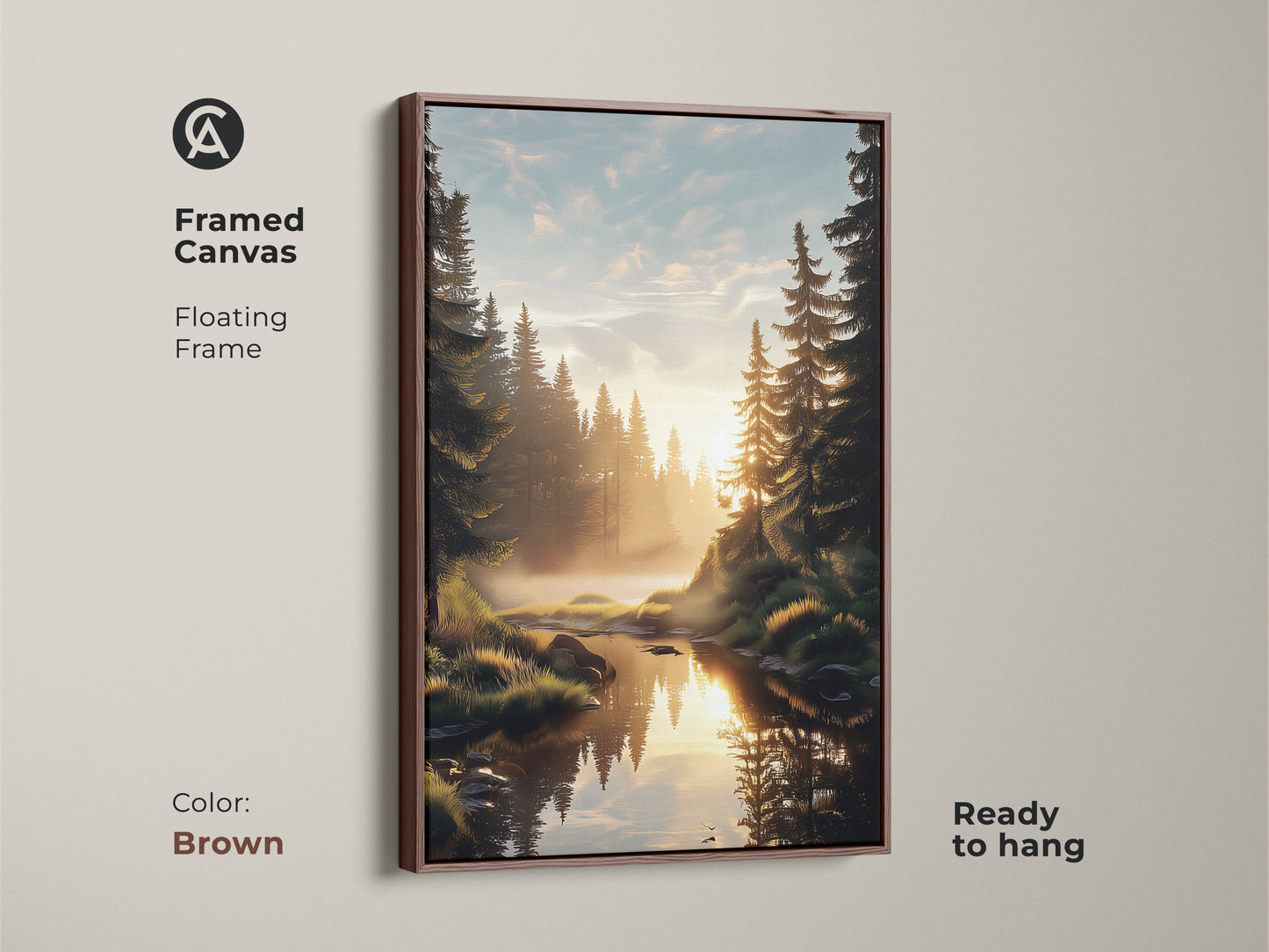 A framed canvas print of a serene pine forest and river at golden hour. The brown floating frame complements the rustic bedroom decor. This outdoor enthusiast gift is ready to hang. The natural landscape print adds warmth to any home.