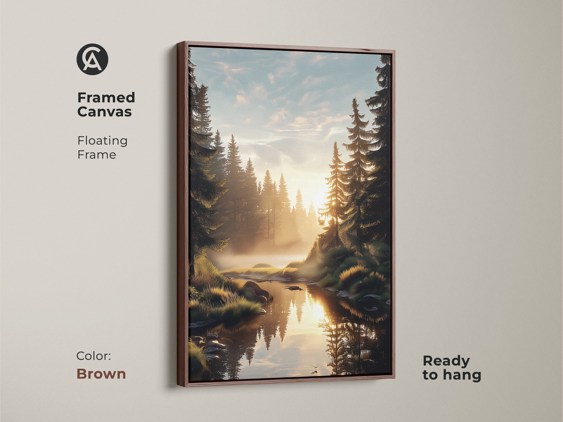 A framed canvas print of a serene pine forest and river at golden hour. The brown floating frame complements the rustic bedroom decor. This outdoor enthusiast gift is ready to hang. The natural landscape print adds warmth to any home.
