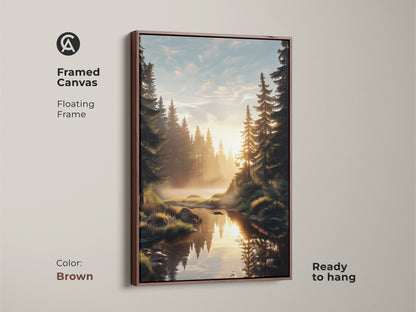 A framed canvas print of a serene pine forest and river at golden hour. The brown floating frame complements the rustic bedroom decor. This outdoor enthusiast gift is ready to hang. The natural landscape print adds warmth to any home.