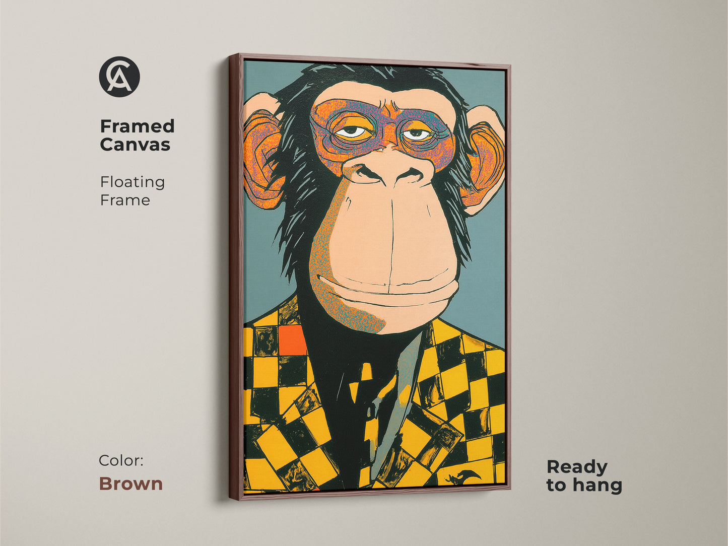 Framed canvas featuring a monkey in a checker blazer with a warm brown floating frame. This ready to hang art adds a touch of character to your space. The art combines contemporary style with lighthearted charm. Perfect for enhancing any room's decor.