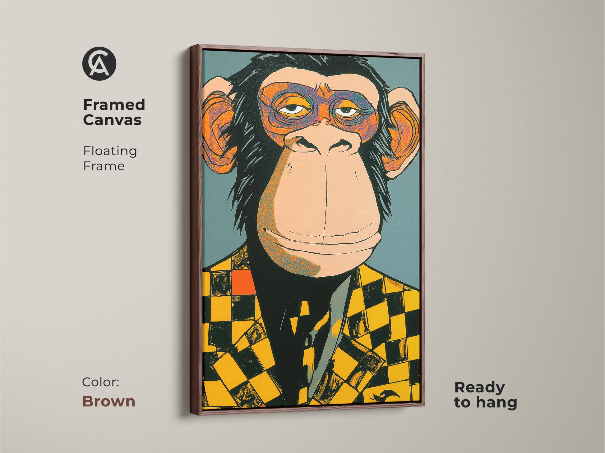Framed canvas featuring a monkey in a checker blazer with a warm brown floating frame. This ready to hang art adds a touch of character to your space. The art combines contemporary style with lighthearted charm. Perfect for enhancing any room's decor.
