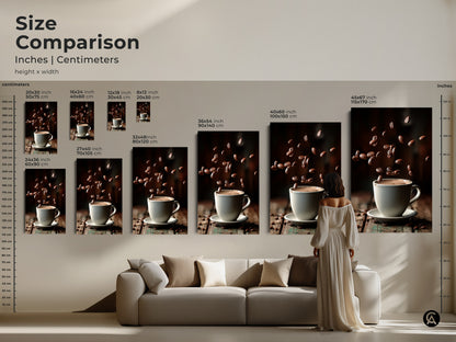 This size comparison shows various dimensions in inches and centimeters. It features minimalist coffee cup art with falling beans. The artwork sizes range from small to large. This visual guide helps you choose the perfect piece. Envision how it will enhance your living room decor.