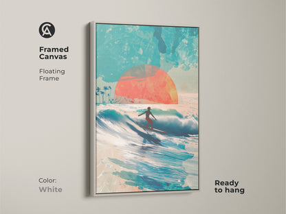 White framed canvas art print shows a surfer riding a wave at sunset. The clean floating frame enhances the modern artwork. It's ready to hang and complements any interior style. This wall decor brings a fresh beach vibe indoors.