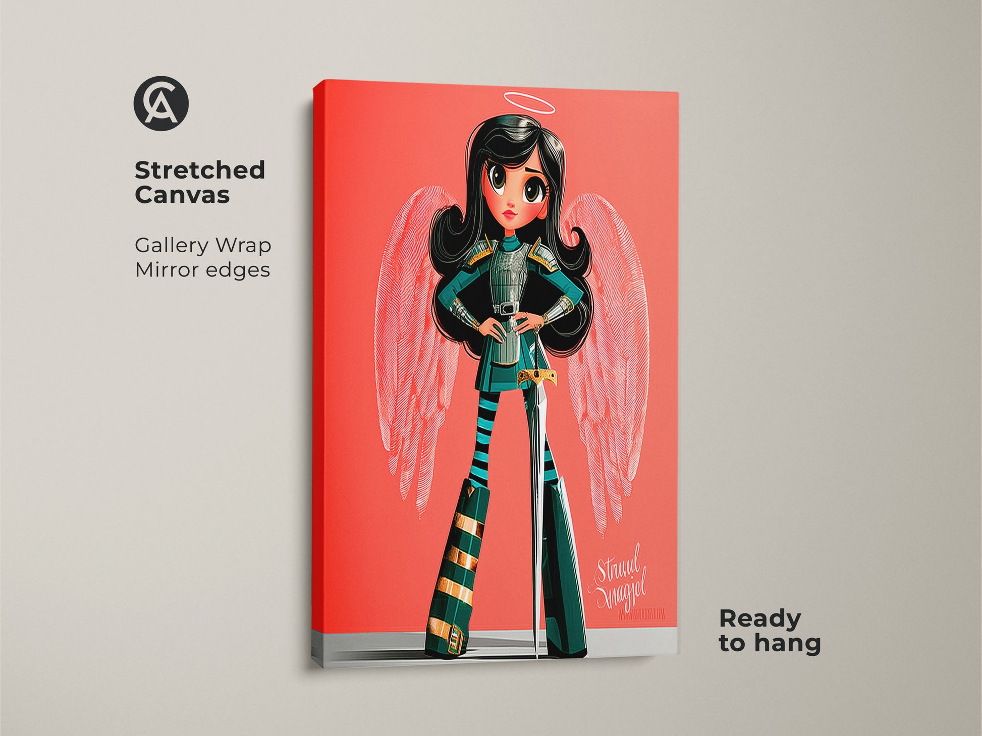 This stretched canvas features an angel warrior. It showcases the gallery wrapped edges. This canvas is ready to hang and would be great as kids birthday gift art for an eclectic space.