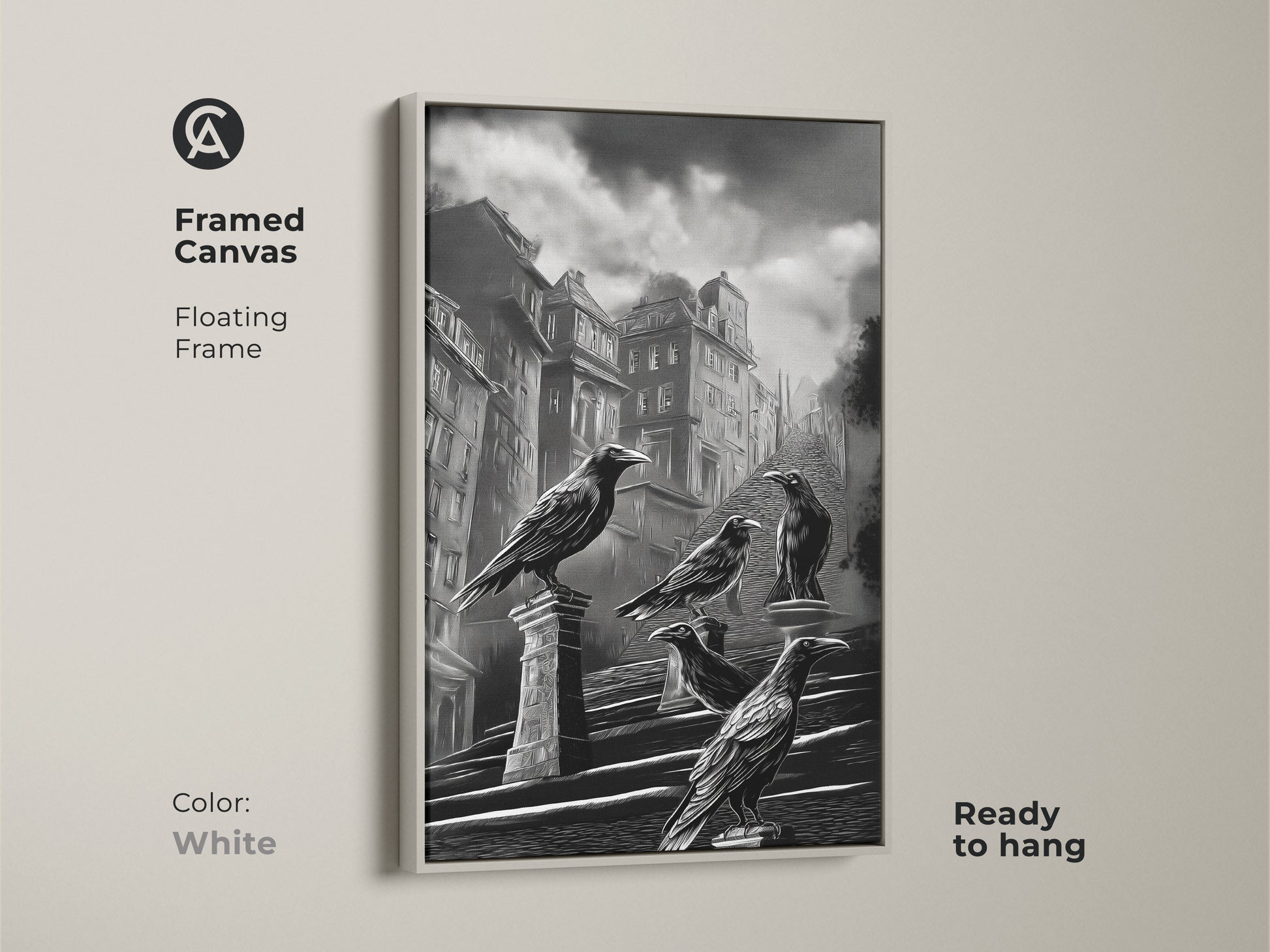 Framed canvas print of gothic cityscape art. Dark academia crow wall art in black and white urban architecture. Gothic literature fan gift is ready to hang with a white floating frame. Raven perched on building art adds a moody gothic touch. Monochrome bird art print for dark academia home decor. Elevate your space with gothic wall hanging art.