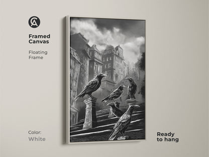 Framed canvas print of gothic cityscape art. Dark academia crow wall art in black and white urban architecture. Gothic literature fan gift is ready to hang with a white floating frame. Raven perched on building art adds a moody gothic touch. Monochrome bird art print for dark academia home decor. Elevate your space with gothic wall hanging art.