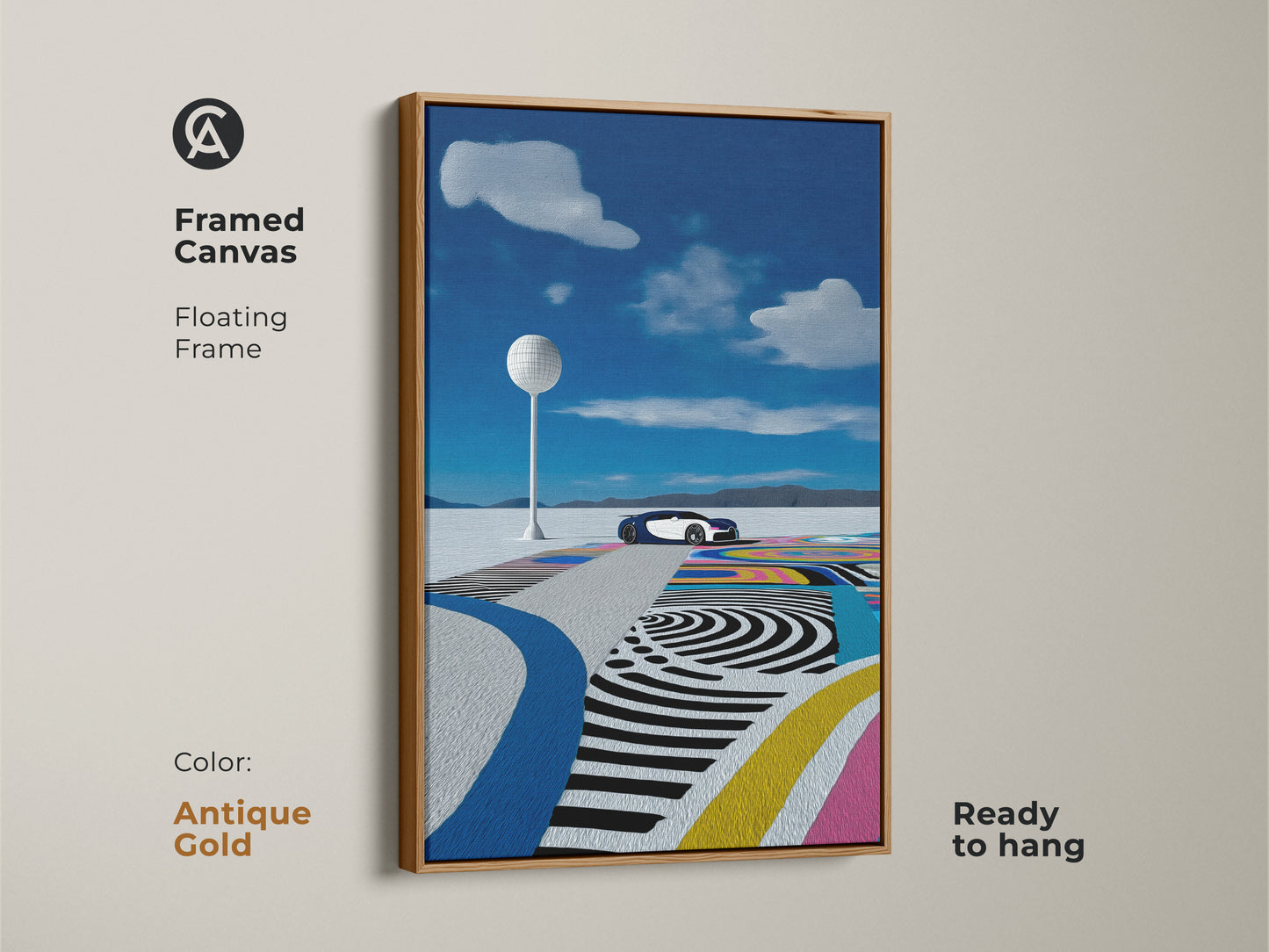Framed canvas with a floating antique gold frame of a futuristic car in a surreal desert. Electric blue and teal create a modern automotive artwork. Enhances any space with unique wall decor. Ready to hang. Ideal for a modern office or den.