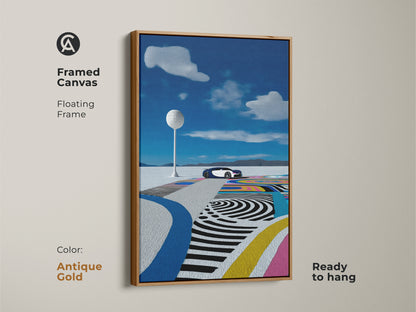 Framed canvas with a floating antique gold frame of a futuristic car in a surreal desert. Electric blue and teal create a modern automotive artwork. Enhances any space with unique wall decor. Ready to hang. Ideal for a modern office or den.