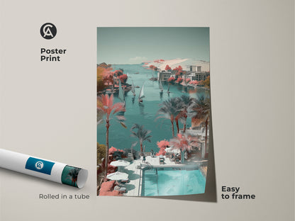 Teal aqua palm tree print as a nautical landscape wall art piece. This beach house bedroom decor is easy to frame. The artistic travel artwork is rolled in a tube. This poster print features a stylized coastal scene.
