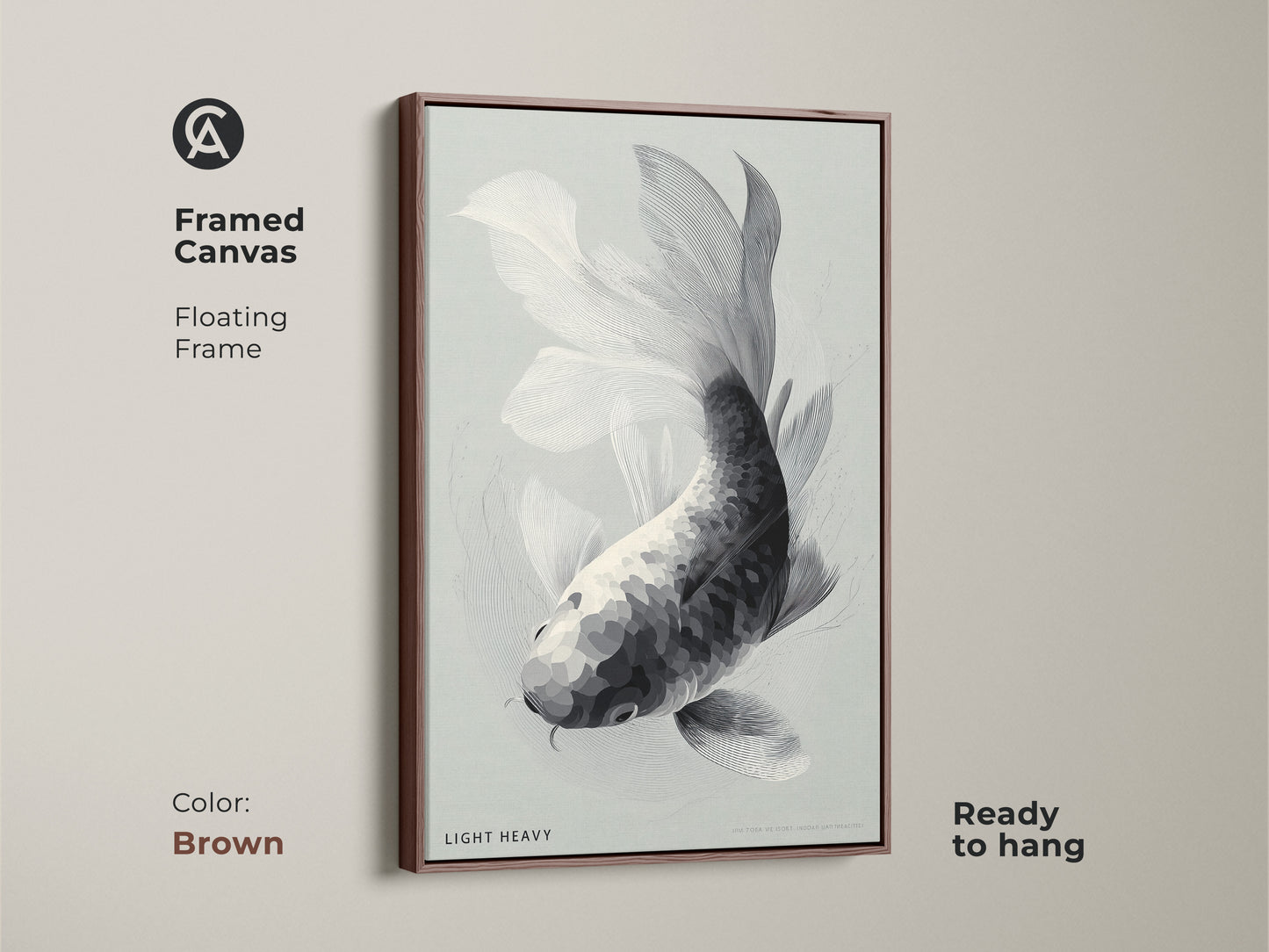 Framed canvas art with a monochrome koi fish. The floating frame is a rich brown color. This ready to hang artwork provides a warm touch. The neutral tones blend seamlessly with any interior. Enhance your living space with this zen inspired art.