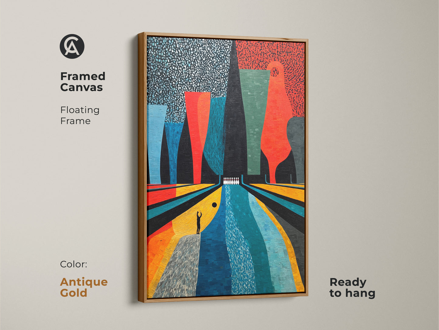 The framed canvas showcases abstract bowling art with an antique gold floating frame. The Mid-Century Modern artwork features Orange Yellow and Teal colors for a retro touch. This ready to hang artwork uniquely enhances any game room or entertainment area. This is the perfect gift for bowling enthusiasts.