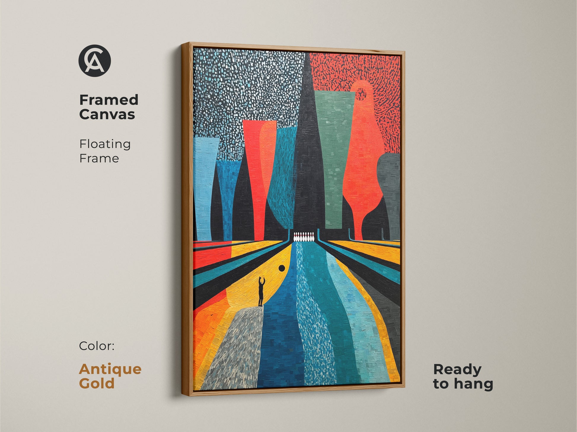 The framed canvas showcases abstract bowling art with an antique gold floating frame. The Mid-Century Modern artwork features Orange Yellow and Teal colors for a retro touch. This ready to hang artwork uniquely enhances any game room or entertainment area. This is the perfect gift for bowling enthusiasts.
