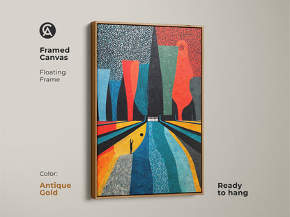 The framed canvas showcases abstract bowling art with an antique gold floating frame. The Mid-Century Modern artwork features Orange Yellow and Teal colors for a retro touch. This ready to hang artwork uniquely enhances any game room or entertainment area. This is the perfect gift for bowling enthusiasts.