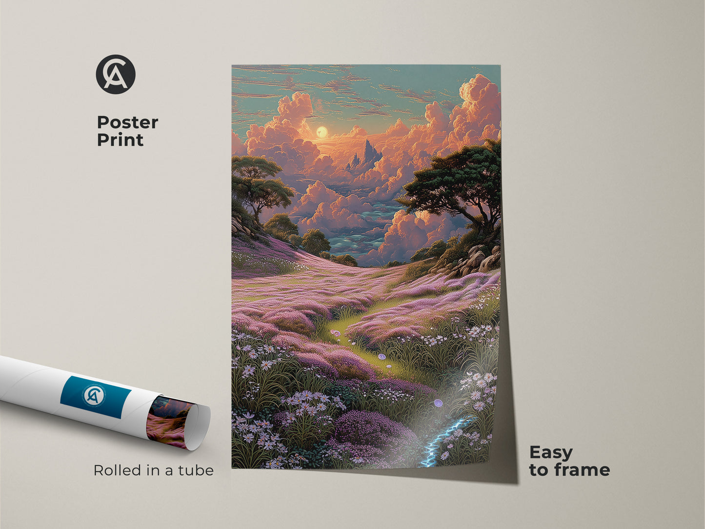 Poster print of a fantasy landscape wall art. The dreamy cloud canvas print shows a flower field art decor. The bohemian nature scenery is pink orange and teal. It's easy to frame. The artistic landscape print features a whimsical sky. A scenic nature canvas for a housewarming gift art.