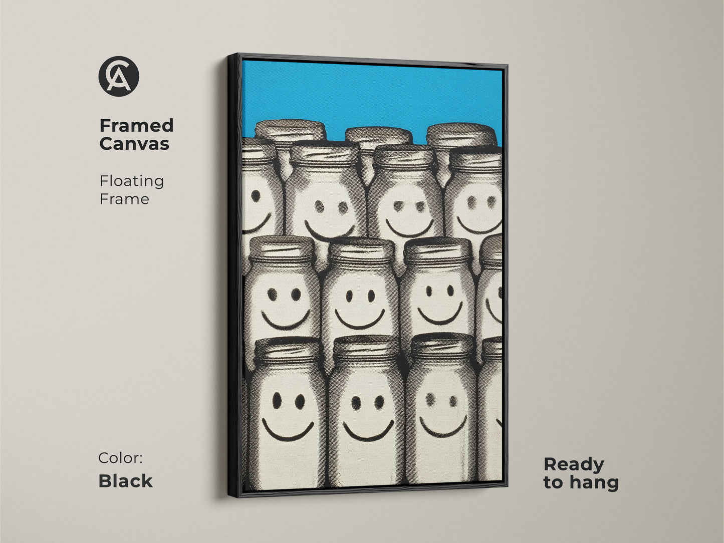 Framed Canvas with a black floating frame showcasing Smiley Face Jar wall art. This retro pop art print with a blue abstract artwork is ready to hang. Contemporary home decor makes a unique statement. The playful artwork is perfect for adding charm to any room.