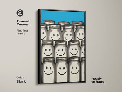 Framed Canvas with a black floating frame showcasing Smiley Face Jar wall art. This retro pop art print with a blue abstract artwork is ready to hang. Contemporary home decor makes a unique statement. The playful artwork is perfect for adding charm to any room.