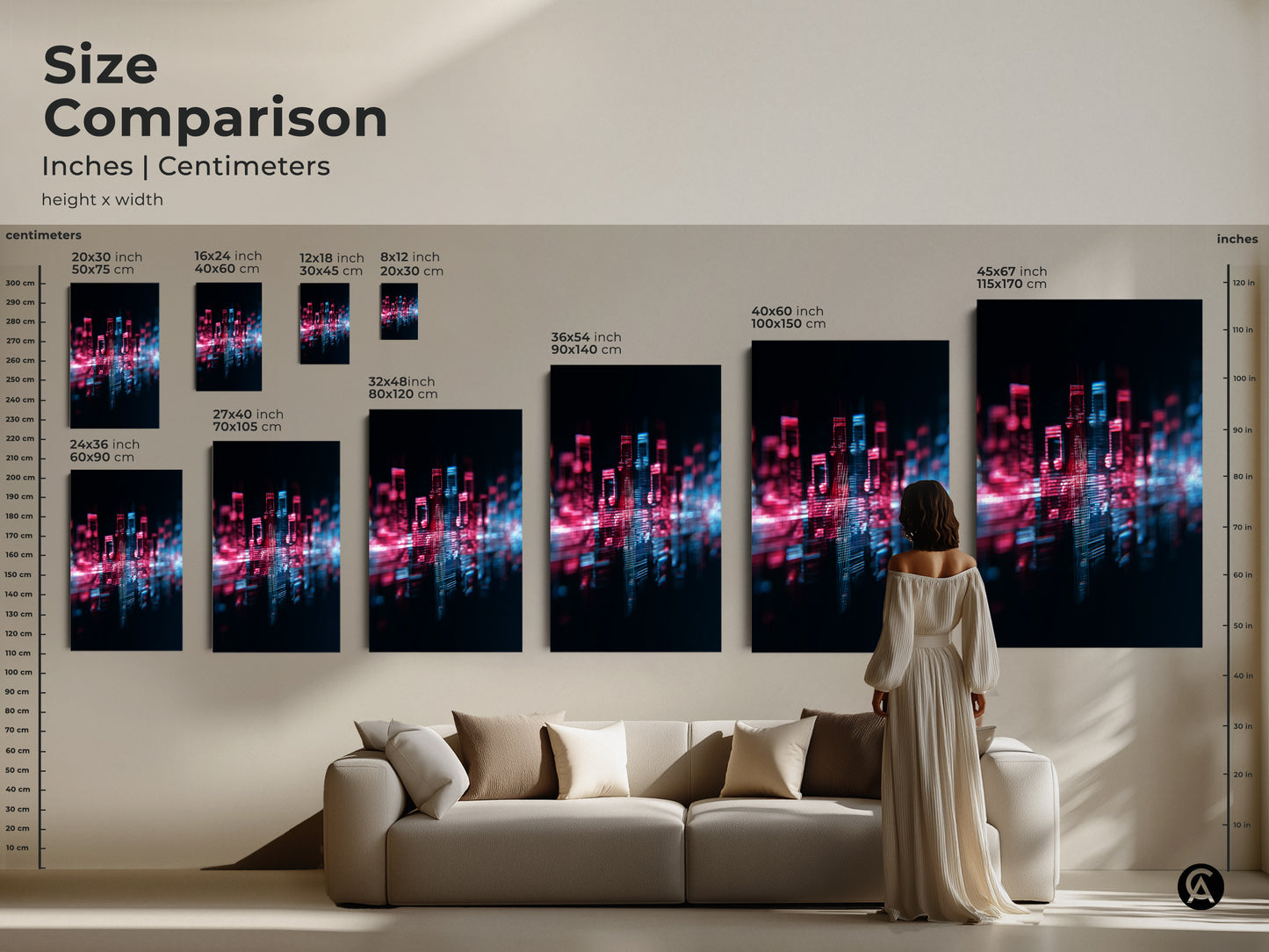 Size comparison of Glitch Art Print with a model and couch. Abstract music cityscape artwork available in various sizes. Magenta and blue digital artwork for modern office decor. Unique housewarming gift for music lovers. Find the perfect fit for your space.